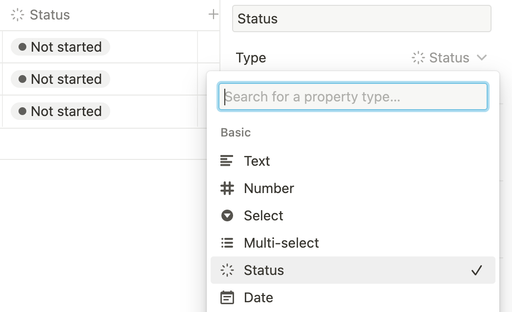 New Status Property in Notion